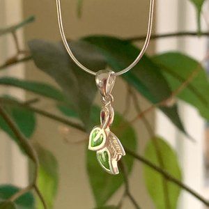 Italy - Sterling Silver Necklace with Transparent Green Glass Leaves